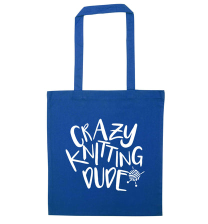 Crazy knitting dude blue tote bag