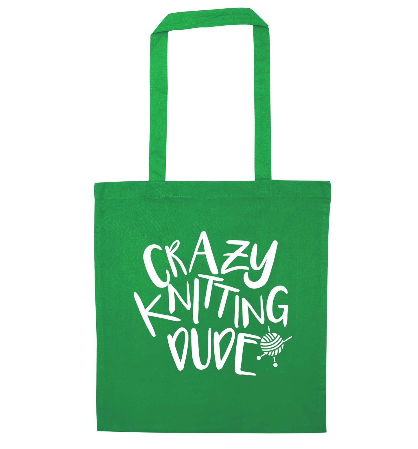 Crazy knitting dude green tote bag