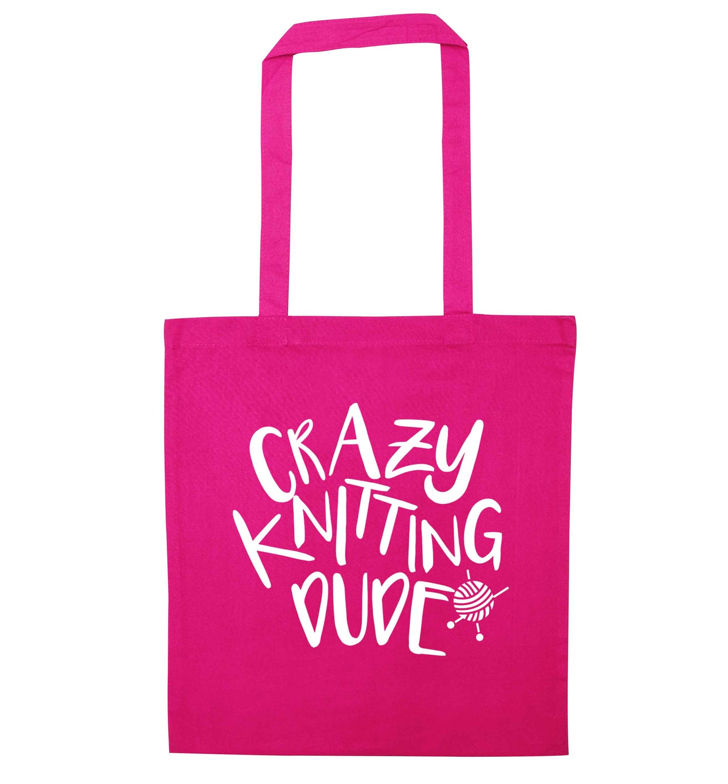 Crazy knitting dude pink tote bag
