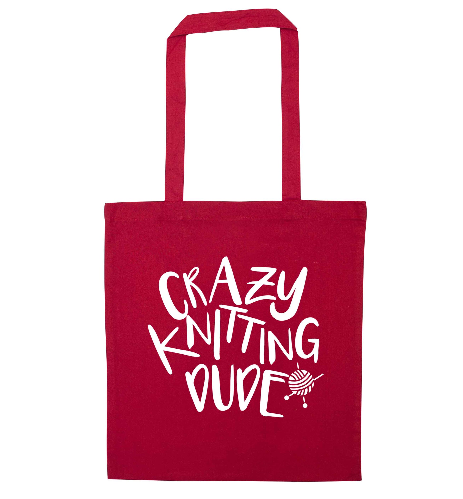 Crazy knitting dude red tote bag