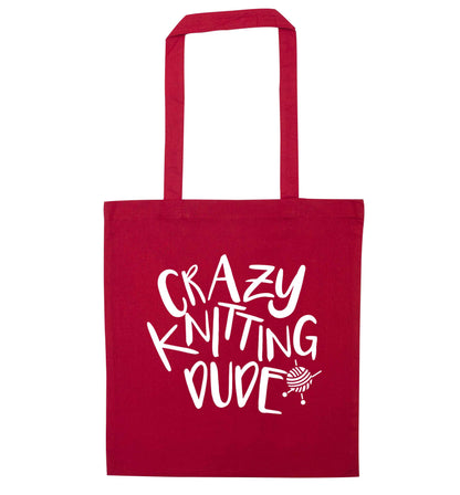 Crazy knitting dude red tote bag