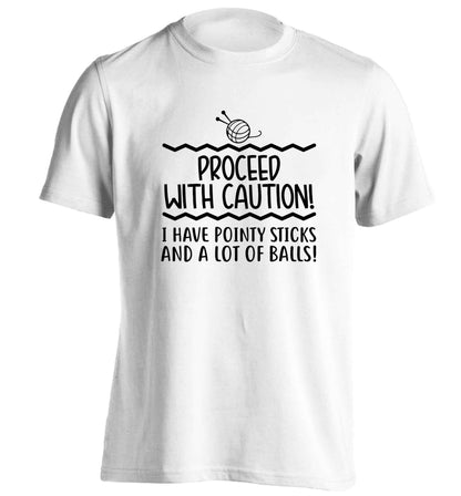 Proceed with caution, I have pointy sticks and a lot of balls adults unisex white Tshirt 2XL