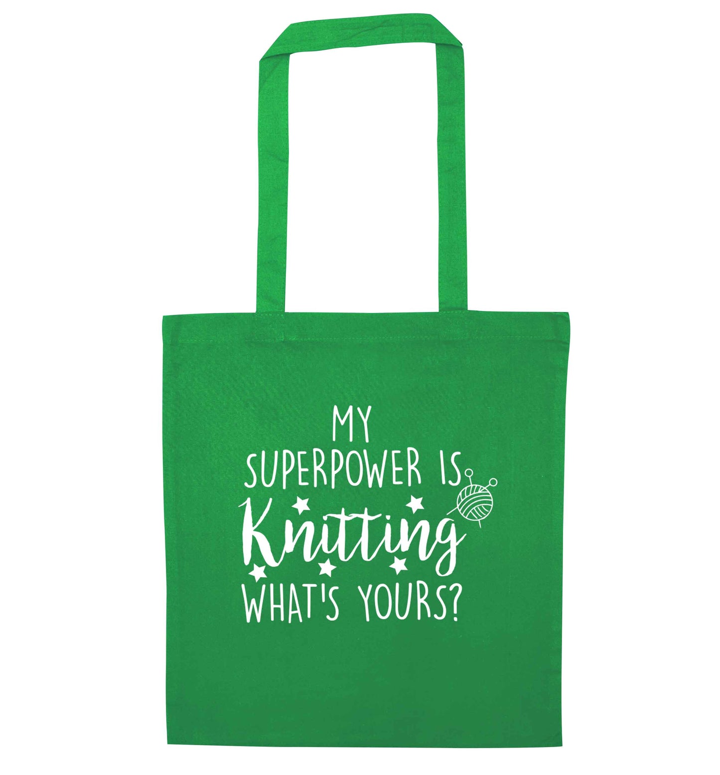 Knitting is my Superpower What's Yours? green tote bag