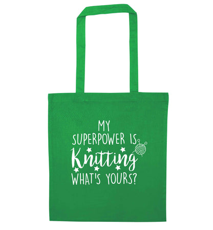Knitting is my Superpower What's Yours? green tote bag