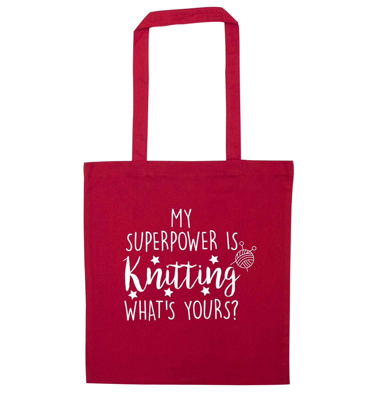 Knitting is my Superpower What's Yours? red tote bag