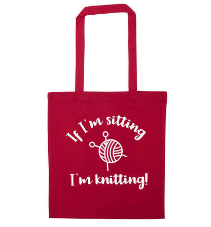 If I'm sitting I'm knitting red tote bag