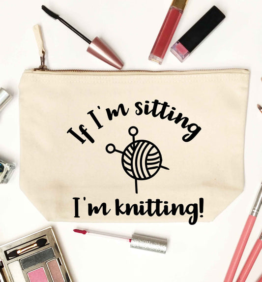 If I'm sitting I'm knitting natural makeup bag