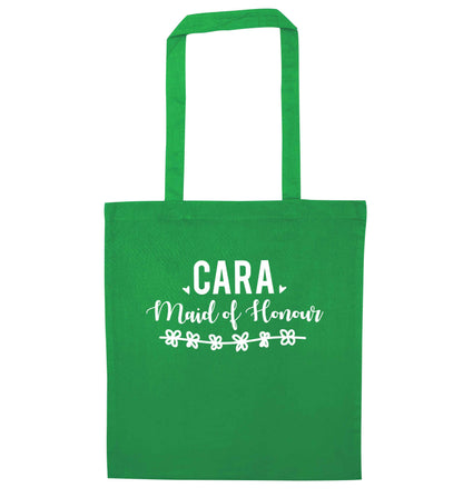 Personalised maid of honour green tote bag