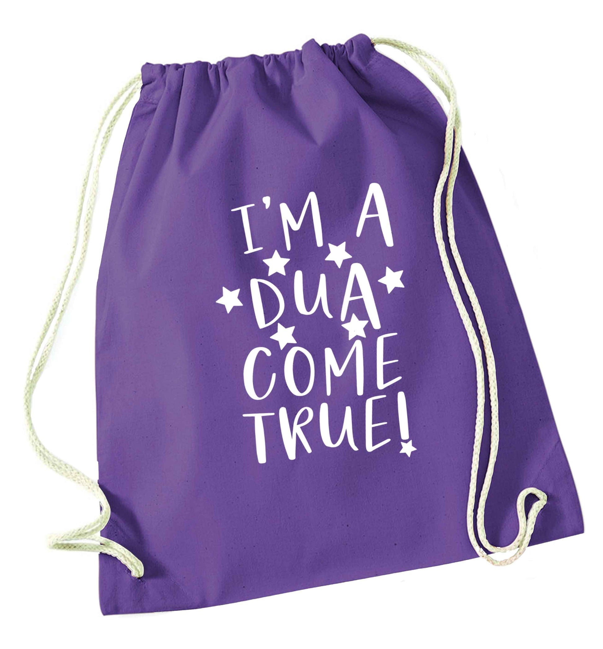 I'm a dua come true purple drawstring bag