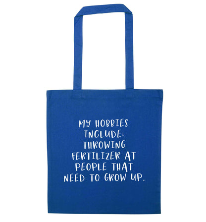 Throwing fertilizer at people that need to grow up blue tote bag
