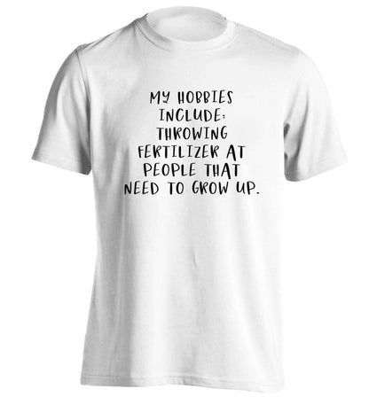 Throwing fertilizer at people that need to grow up adults unisex white Tshirt 2XL