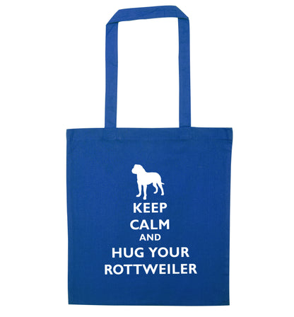 Keep calm and hug your rottweiler blue tote bag