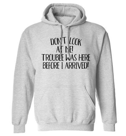 Don't look at me, trouble was here before I arrived! adults unisex grey hoodie 2XL