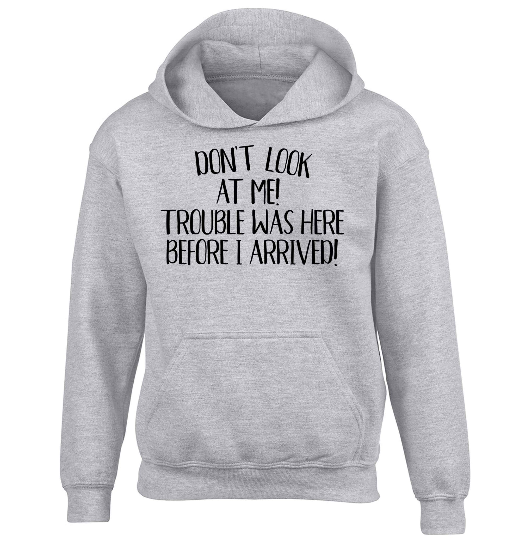 Don't look at me, trouble was here before I arrived! children's grey hoodie 12-13 Years