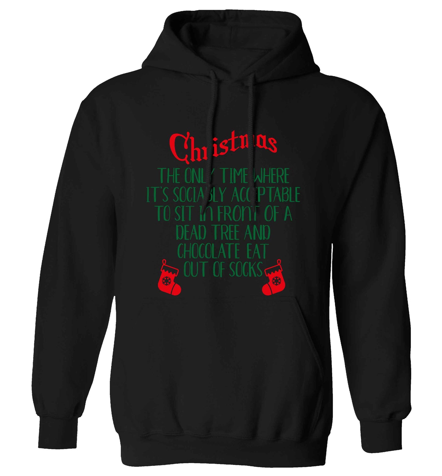 Christmas sit in front of a dead tree and eat chocolate out of socks adults unisex black hoodie 2XL