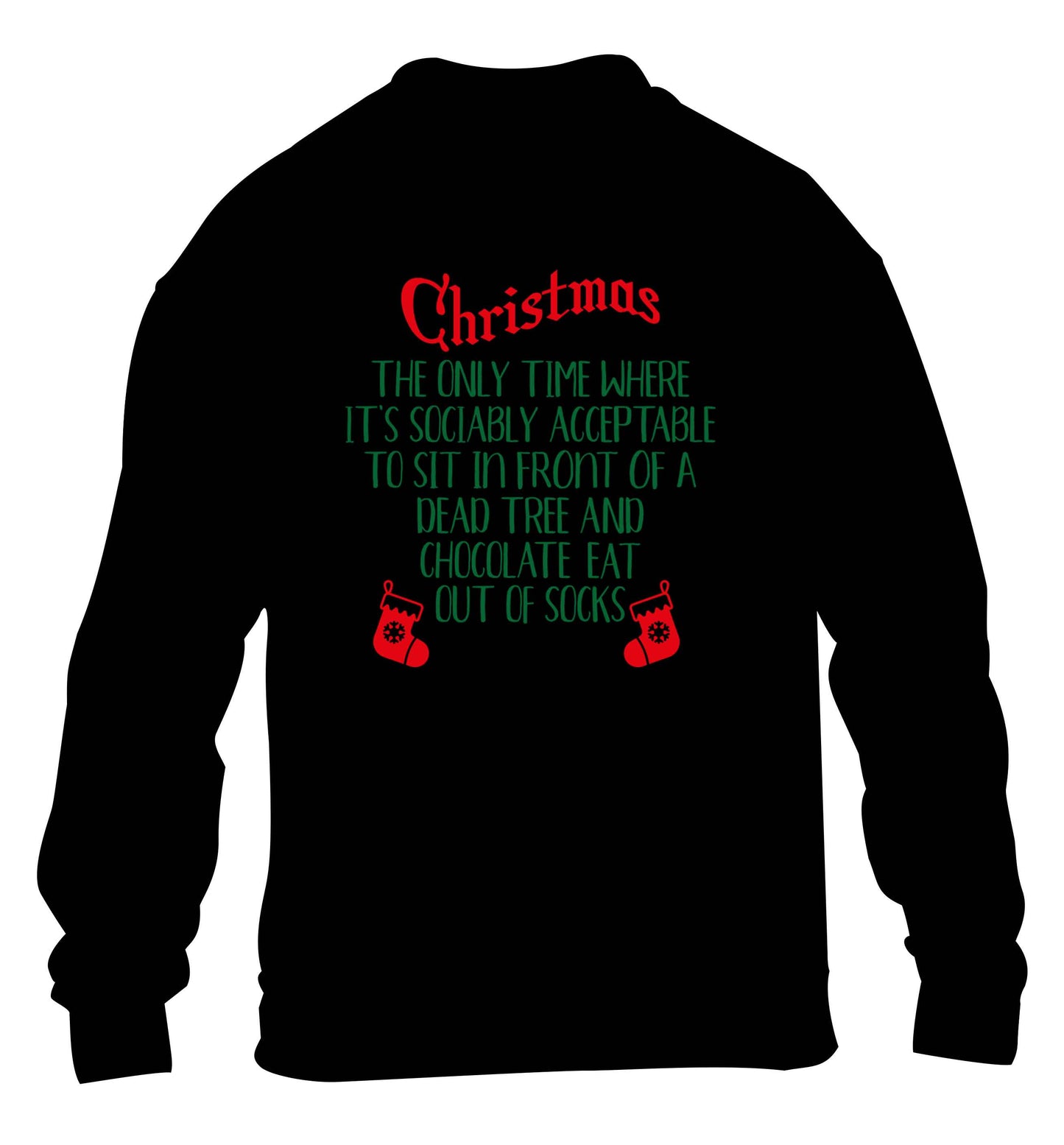 Christmas sit in front of a dead tree and eat chocolate out of socks children's black sweater 12-13 Years