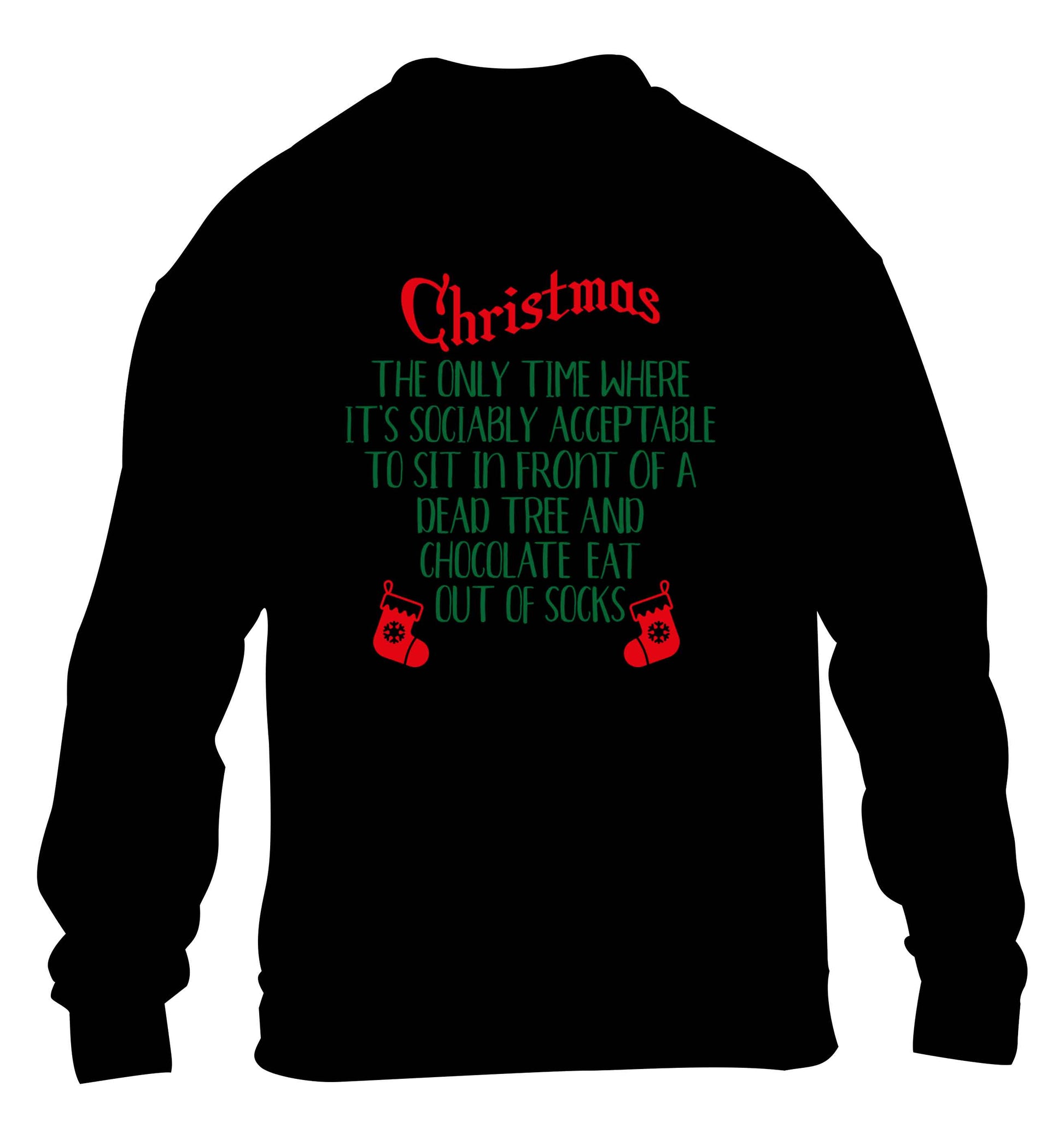Christmas sit in front of a dead tree and eat chocolate out of socks children's black sweater 12-13 Years