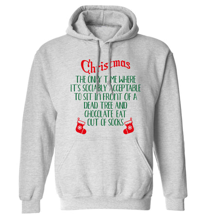 Christmas sit in front of a dead tree and eat chocolate out of socks adults unisex grey hoodie 2XL