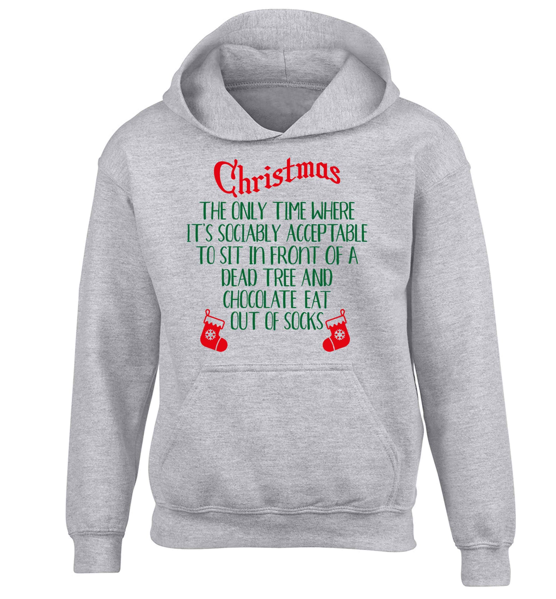 Christmas sit in front of a dead tree and eat chocolate out of socks children's grey hoodie 12-13 Years
