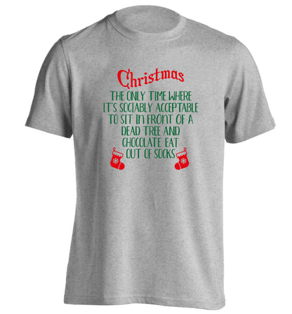 Christmas sit in front of a dead tree and eat chocolate out of socks adults unisex grey Tshirt 2XL