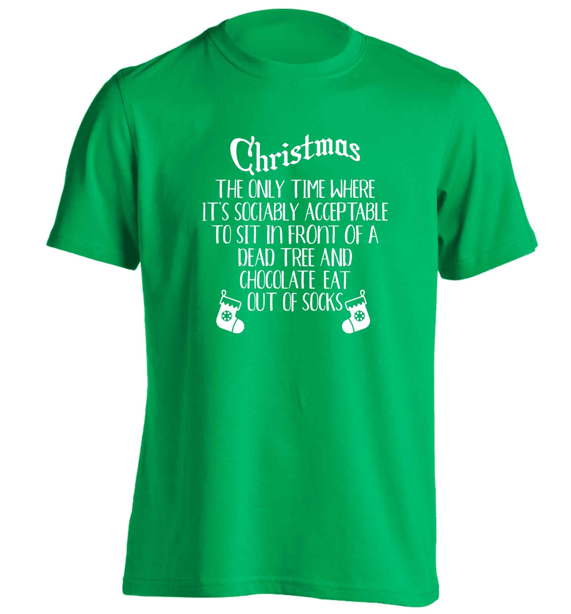 Christmas sit in front of a dead tree and eat chocolate out of socks adults unisex green Tshirt 2XL