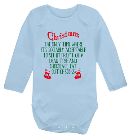 Christmas sit in front of a dead tree and eat chocolate out of socks Baby Vest long sleeved pale blue 6-12 months