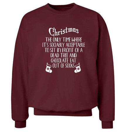 Christmas sit in front of a dead tree and eat chocolate out of socks Adult's unisex maroon Sweater 2XL