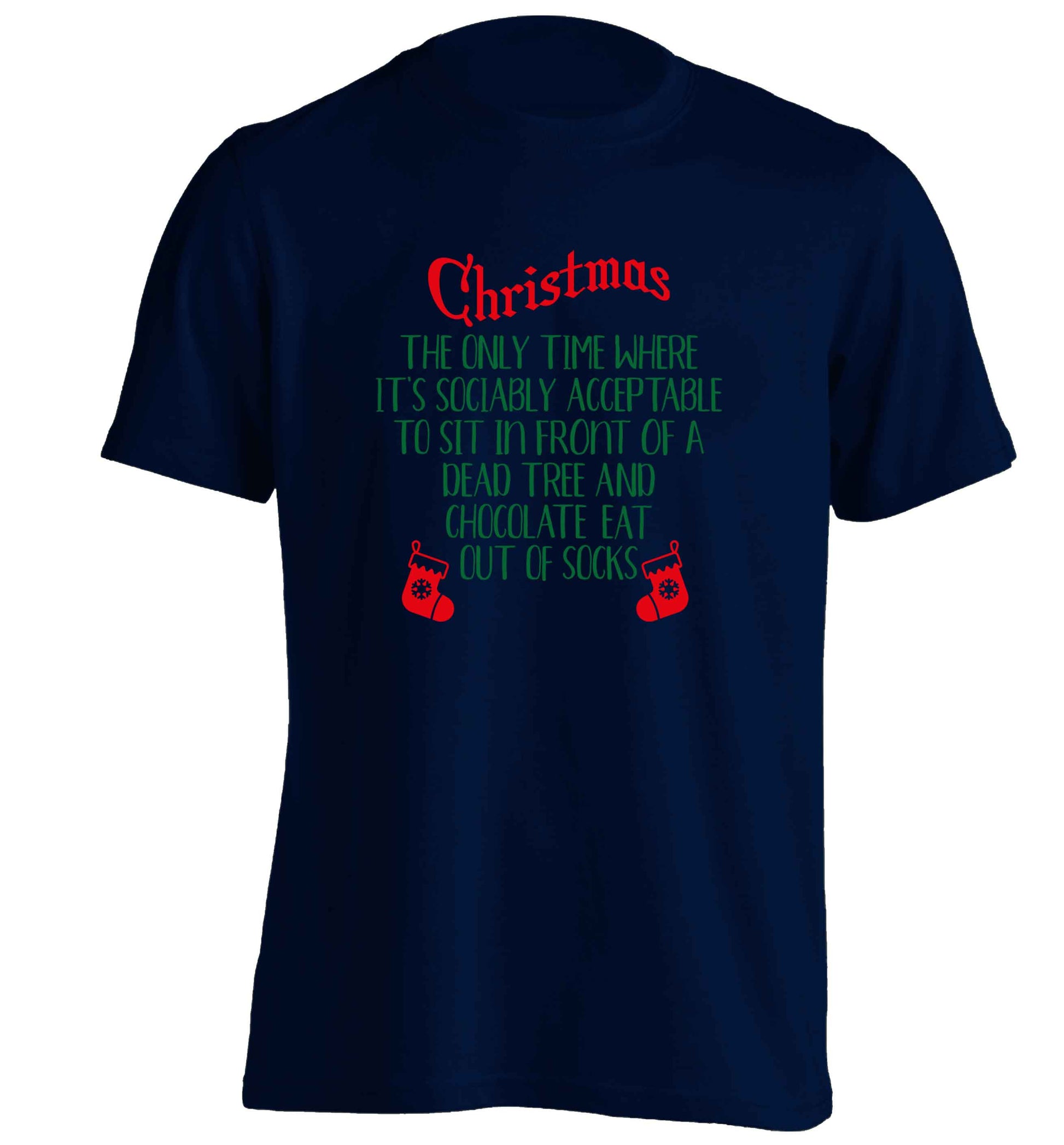 Christmas sit in front of a dead tree and eat chocolate out of socks adults unisex navy Tshirt 2XL