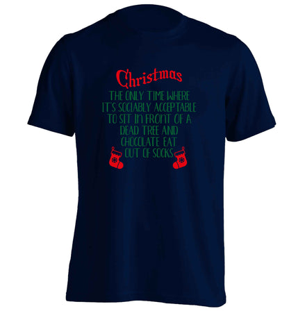 Christmas sit in front of a dead tree and eat chocolate out of socks adults unisex navy Tshirt 2XL
