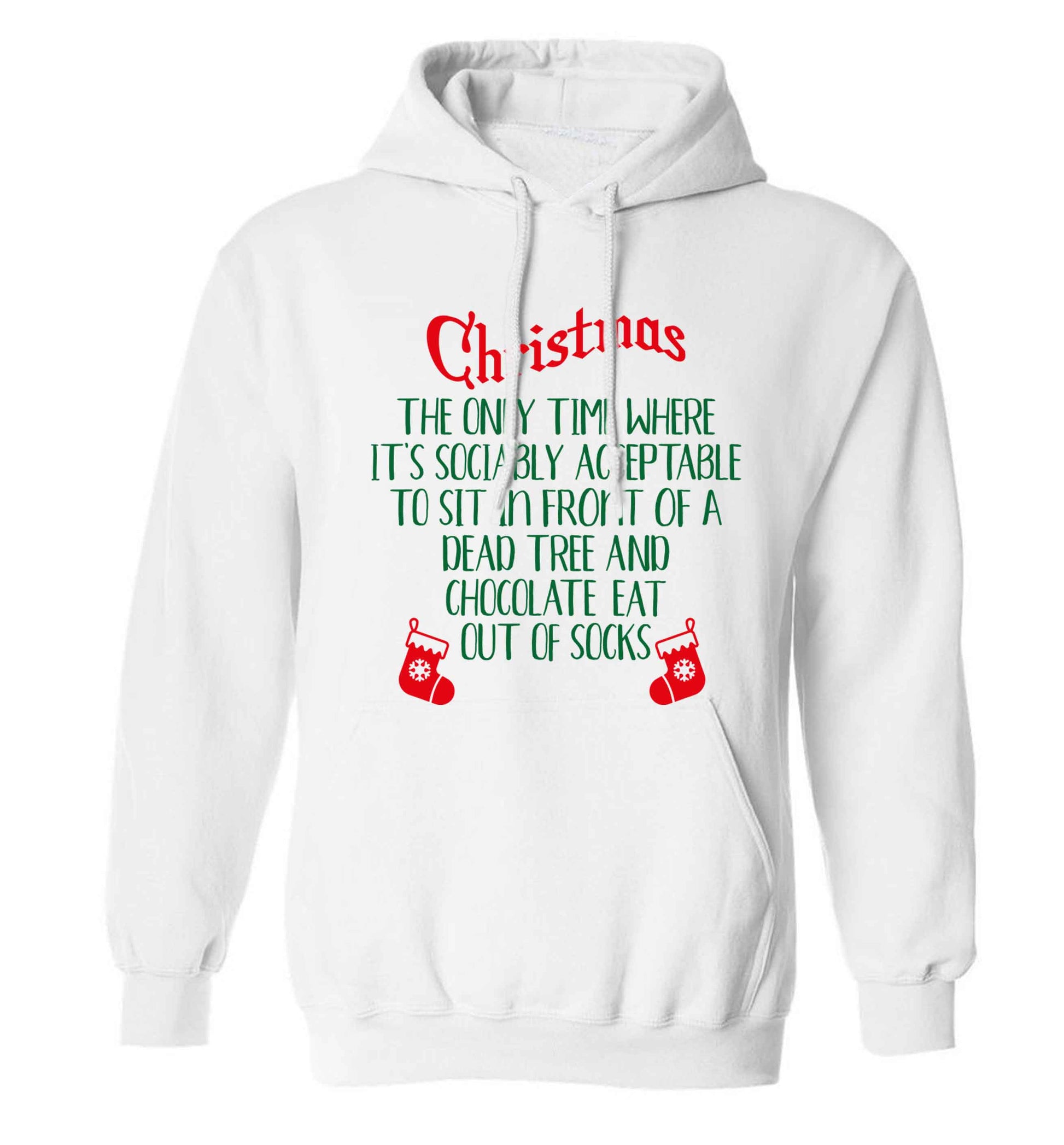 Christmas sit in front of a dead tree and eat chocolate out of socks adults unisex white hoodie 2XL