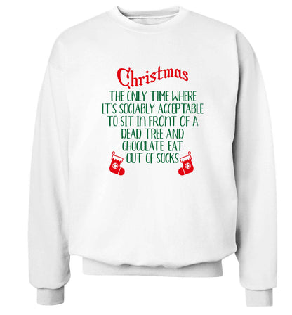 Christmas sit in front of a dead tree and eat chocolate out of socks Adult's unisex white Sweater 2XL