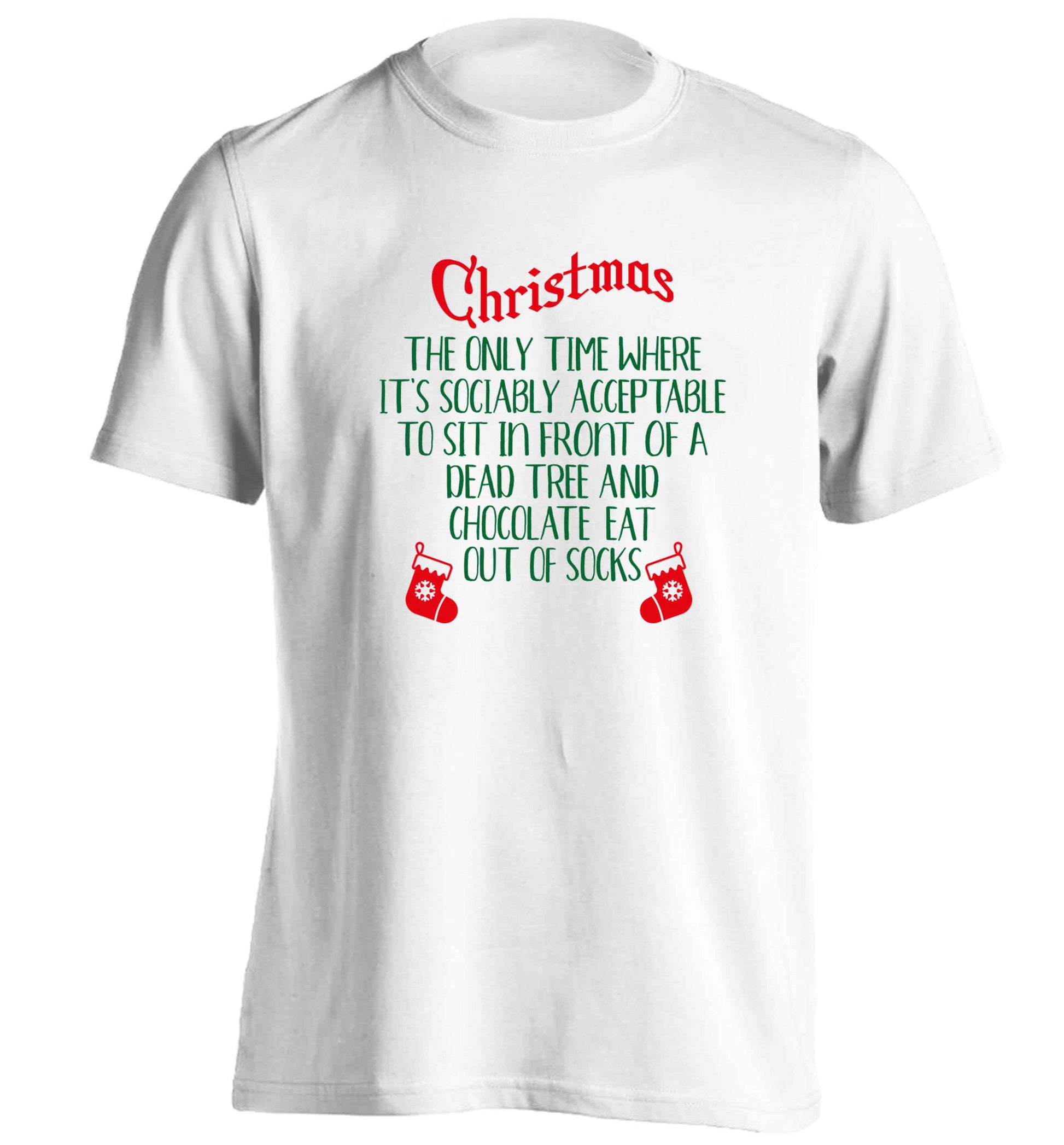 Christmas sit in front of a dead tree and eat chocolate out of socks adults unisex white Tshirt 2XL