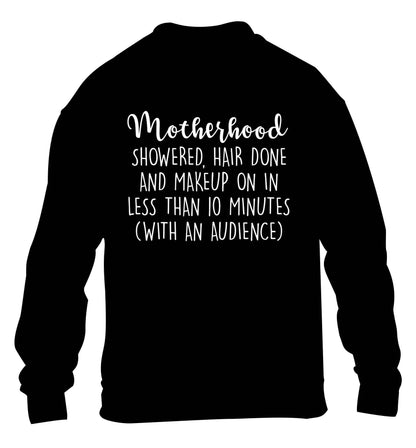 Motherhood, showered, hair done and makeup on children's black sweater 12-13 Years