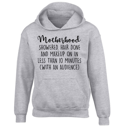Motherhood, showered, hair done and makeup on children's grey hoodie 12-13 Years