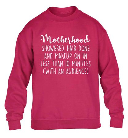 Motherhood, showered, hair done and makeup on children's pink sweater 12-13 Years