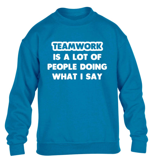 Teamwork is a lot of people doing what I say children's blue sweater 12-13 Years