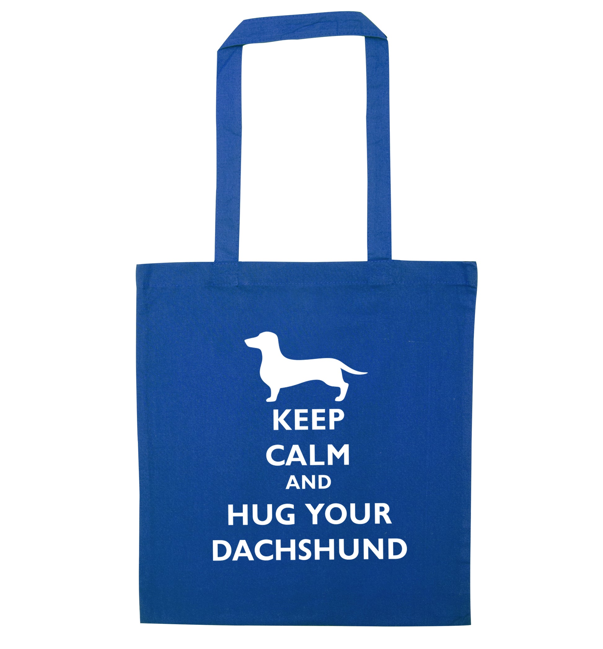Keep calm and hug your dachshund blue tote bag
