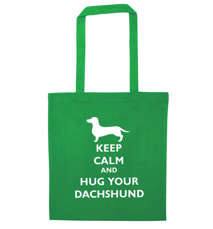 Keep calm and hug your dachshund green tote bag