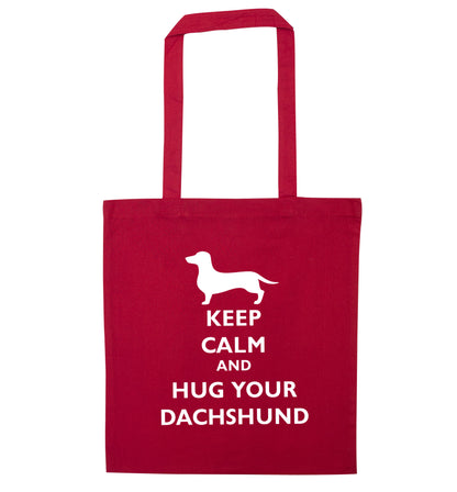 Keep calm and hug your dachshund red tote bag