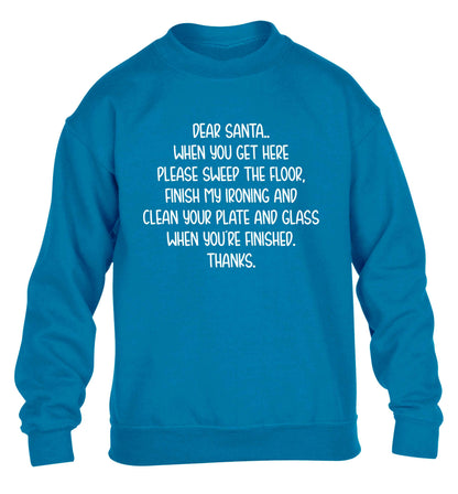 Dear Santa sweep the floor, clean your plate children's blue sweater 12-13 Years