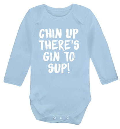 Chin up there's gin to sup Baby Vest long sleeved pale blue 6-12 months