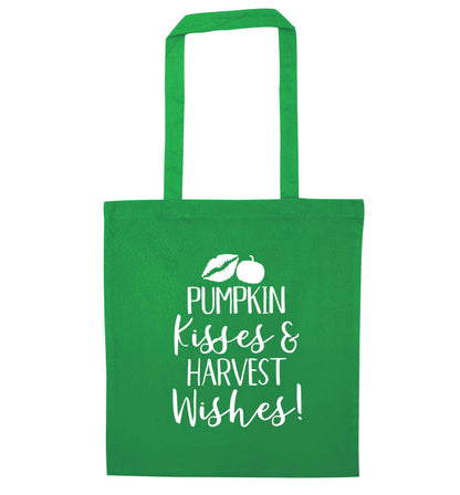 Pumpking kisses and harvest wishes green tote bag