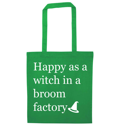 Happy as a witch in a broom factory green tote bag