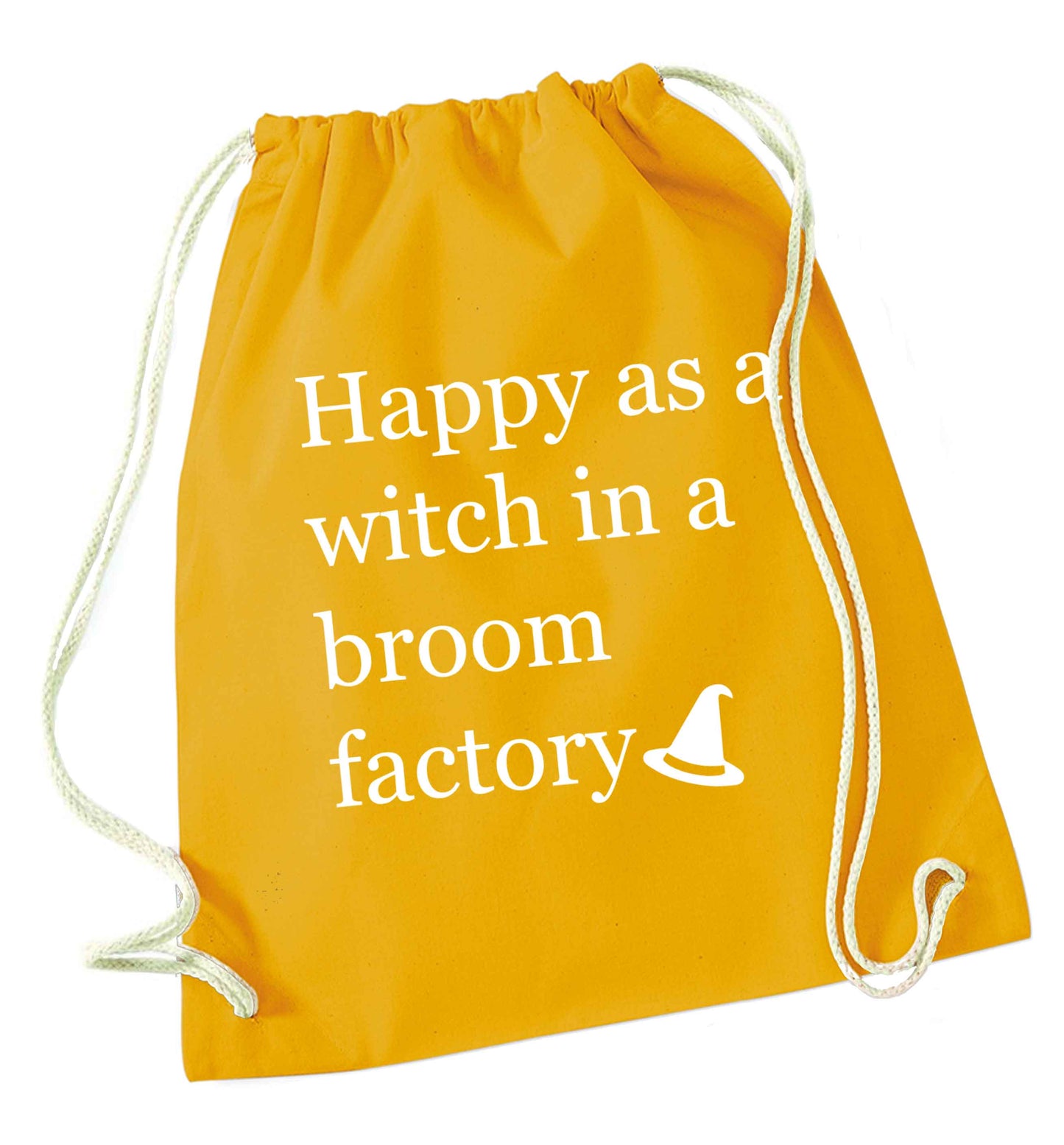 Happy as a witch in a broom factory mustard drawstring bag