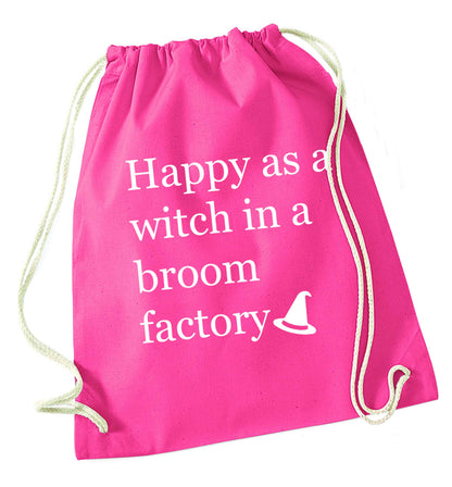 Happy as a witch in a broom factory pink drawstring bag