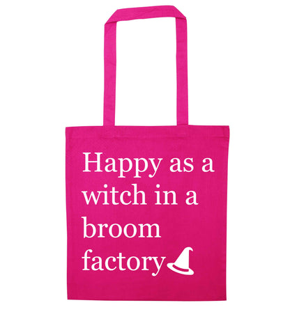 Happy as a witch in a broom factory pink tote bag