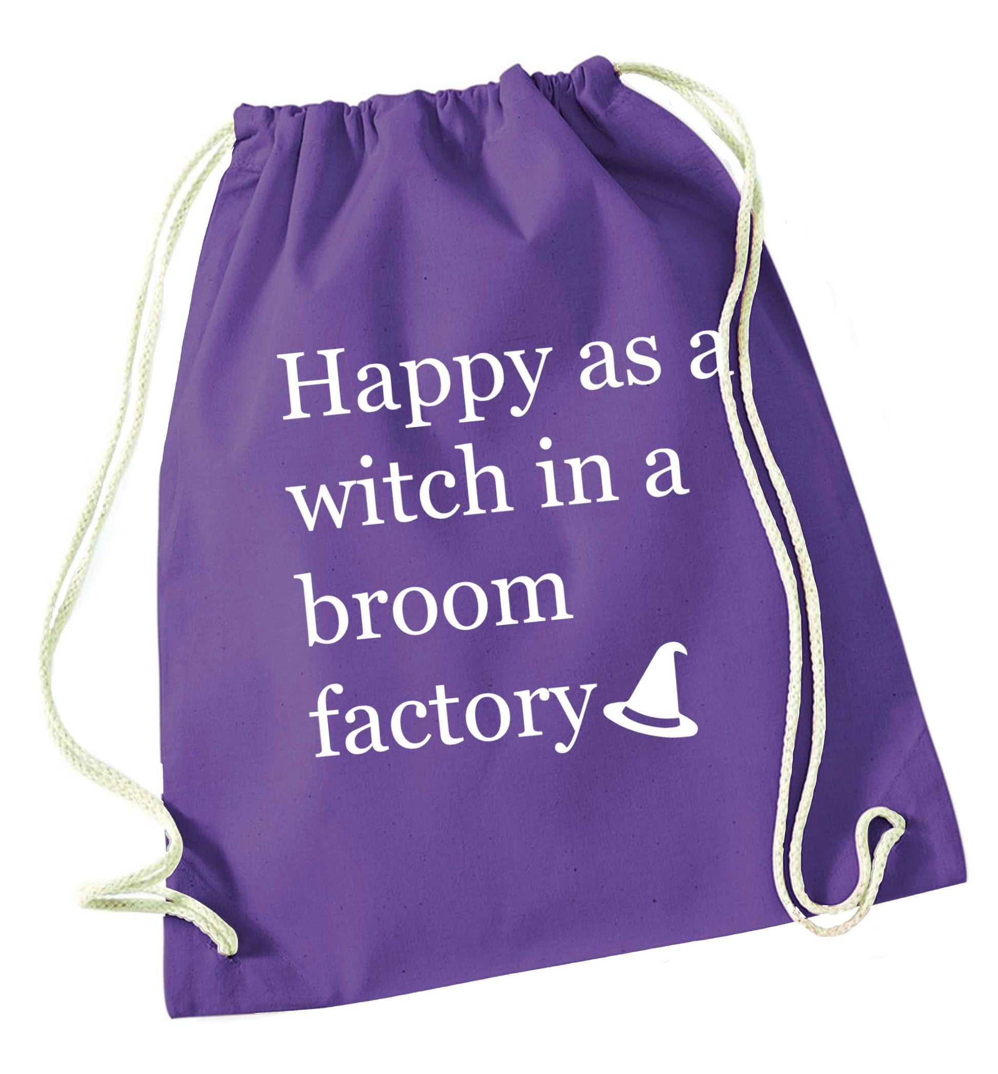 Happy as a witch in a broom factory purple drawstring bag