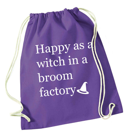 Happy as a witch in a broom factory purple drawstring bag