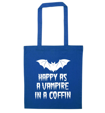 Happy as a vampire in a coffin blue tote bag