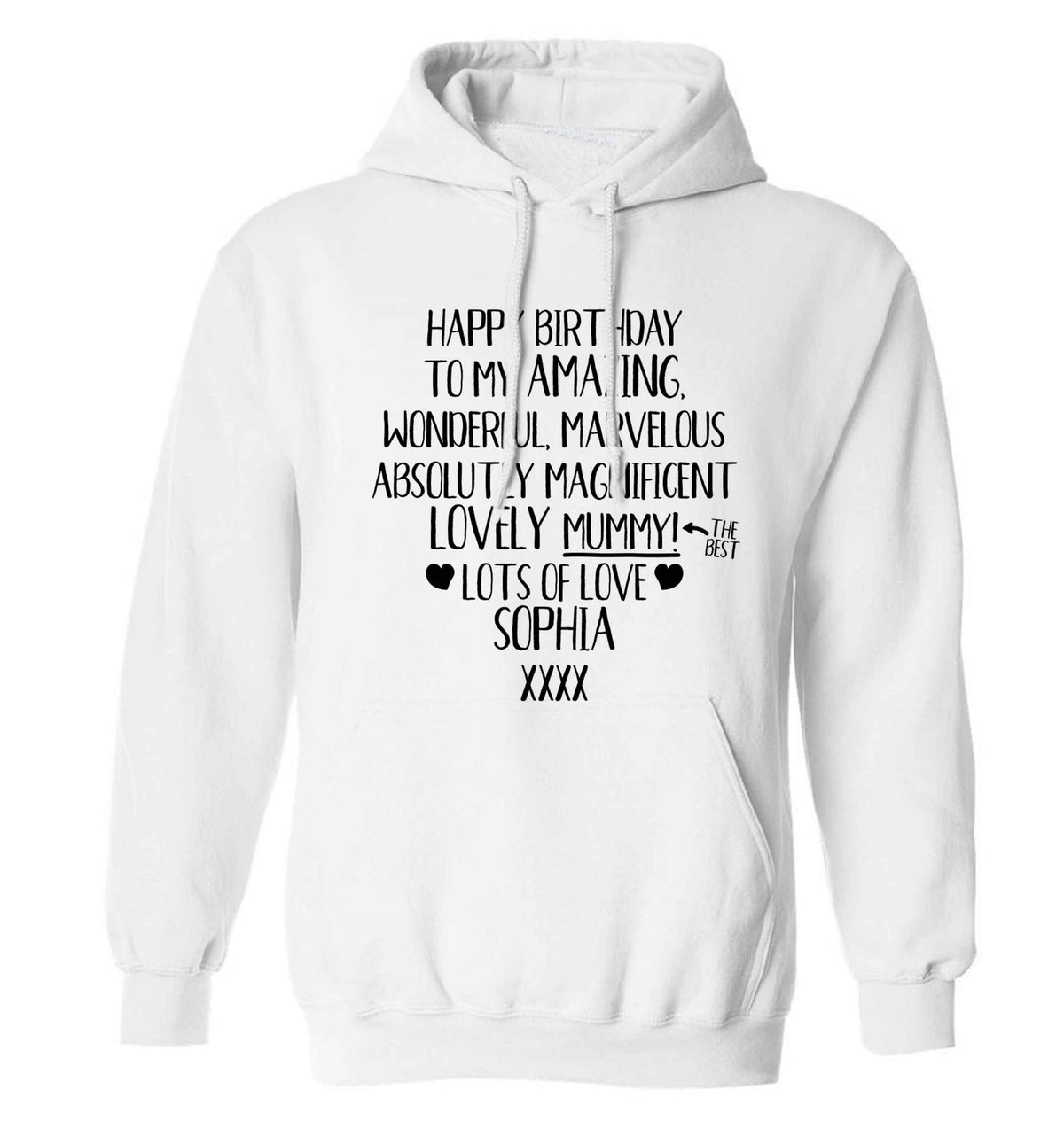 Personalised happy birthday to my amazing, wonderful, lovely mummy adults unisex white hoodie 2XL